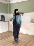 Kiku Stripe Boucle Semi Crop Knit Cardigan