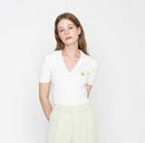 Flower Dot Embroidery Short Sleeve Knit Collar Tee