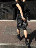 Adjust cut black denim bermuda pants