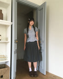 Pique Check V-Neck Shirring Puff Short Sleeve Blouse