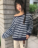 Hanky Stripe One Off Shoulder Overfit Long Sleeve Sweatshirt