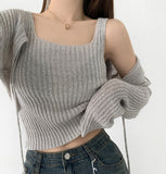 Rib Bolero Square Neck Sleeveless Knit Cardigan Two-piece Set