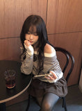 Boudin Stripe Loose Fit Off-Shoulder Button Knit