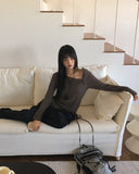 Web unbalanced button open angora pine needle knitwear