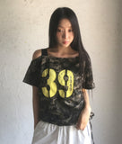 Ray Camo Number Print Off Shoulder Shirring Short Sleeve T-Shirt