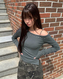 Yushi Stud Strap Unbalanced One Off Shoulder Long Sleeve T-Shirt