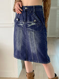 Arkley Y2K Retro Washing Denim Midi Skirt