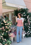 Sweet Seersucker Check Collar Puff Blouse
