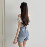 Side Slit Point Washing Denim Shorts