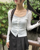 Giru Ribbon Lace Punching Long-Sleeve Cardigan