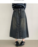 Simple Casual A-line 4-season Curved Line Denim Long Skirt