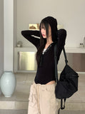 Evia Ttoto Button Slim Ribbed Hooded T-Shirt