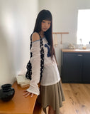 Elune Number Printed One-Off-Shoulder See-Through Long-Sleeve Knit