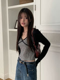 Cotter Punching Stripe Sleeveless Cardigan Set