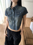 Markle pocket slim washed denim cropped short-sleeved shirt
