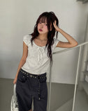 Dot Ribbon Shirring Puff Off-Shoulder Short Sleeve