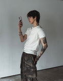 Rib shawl patch henley neck short sleeve t-shirt
