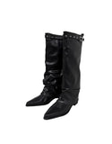 Stud Buckle Shirred Stiletto Long Boots