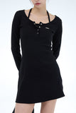 PRTN) Holter Neck Button Layered Short One Piece