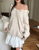 Rosy Flower Hairy V-neck Knit
