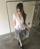 Etched puff ribbon pin tuck blouse