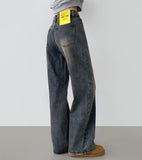 Basic Wide Fit Washing Banding Span Heated Fabric Brushed Denim Pants
