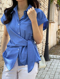 Pale Ribbon Wrap Collar Shirt Blouse