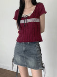 Killlove Vintage Lace Deep U-Neck Crop Short Sleeve Knit