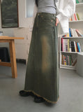 Yat Cat Sand Washing Damage Maxi Denim Long Skirt