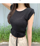 Punching Strap Ribbon Point Crop Short Sleeve Knit