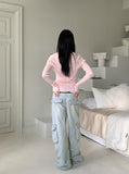 Washed Pocket Cargo Light Blue Long Wide Denim Pants