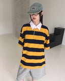 Was Bubble Gum Stripe Collar Short Sleeve T-shirt