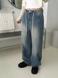 teki string washing wide denim pants