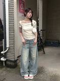 Dis Twist Strap Shoulder Lace Short Sleeve T-shirt