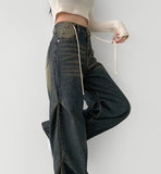 Knee Side Pin Tuck Balloon Waist Adjustment Wide Fit Denim Pants