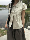 Lambs Button Collar Shirred Puff Blouse Shirt
