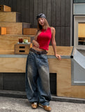Late Back Leather Pocket Denim Pants