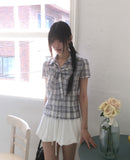 [MADE/TieSET] Canding Check Tie Collar Puff Short Sleeve Shirt Blouse