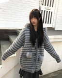 Levin Stripe Drop Knit Fur Hooded Cardigan
