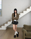 [muffler set] Tur no-collar V-neck button long-sleeved jacket