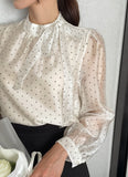 Alena Dot Satin Tie See-Through Blouse