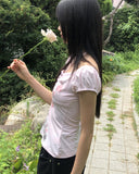 Rosen Flower Print Shirring Short Sleeve T-Shirt