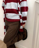 [Muffler SET] Phu Stripe Color Matching V-Neck Loose Fit Long Sleeve Long Knit