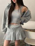 [3pc set] Raeun Sleeveless Hood Zip-up Pleats Skirt Set