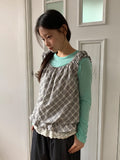Vinca Check Shirring Sleeveless Bustier Blouse