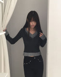 Lipin Color Matching V-Neck Slim Boucle Long Sleeve Knit