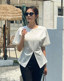 Duba Span Shirring Front Slit Short Sleeve T-shirt