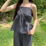 Striped flare string sleeveless wide banding pants two-piece