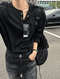 Cotton Henley Neck Button Long Sleeve Tee