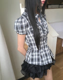 Devon V-neck Check Frill Blouse